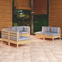  6 Piece Garden Lounge Set with Grey Cushions Solid Pinewood