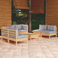  7 Piece Garden Lounge Set with Grey Cushions Solid Pinewood