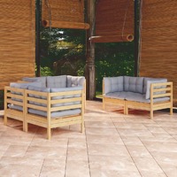  6 Piece Garden Lounge Set with Grey Cushions Solid Pinewood