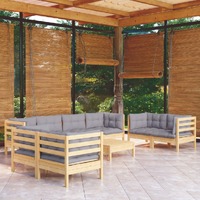  9 Piece Garden Lounge Set with Grey Cushions Solid Pinewood