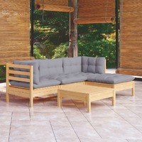  5 Piece Garden Lounge Set with Grey Cushions Pinewood