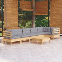  7 Piece Garden Lounge Set with Grey Cushions Pinewood