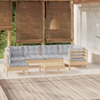  7 Piece Garden Lounge Set with Grey Cushions Pinewood
