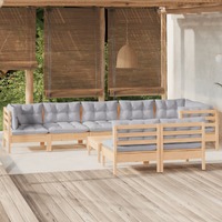  9 Piece Garden Lounge Set with Grey Cushions Solid Pinewood