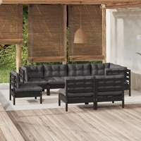  8 Piece Garden Lounge Set with Cushions Black Solid Pinewood