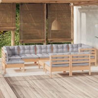  10 Piece Garden Lounge Set with Grey Cushions Solid Pinewood