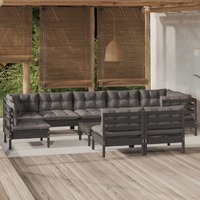  10 Piece Garden Lounge Set with Cushions Black Solid Pinewood