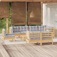  9 Piece Garden Lounge Set with Grey Cushions Solid Pinewood