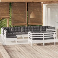  9 Piece Garden Lounge Set with Cushions White Solid Pinewood