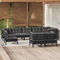  9 Piece Garden Lounge Set with Cushions Black Solid Pinewood