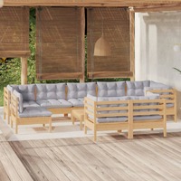  10 Piece Garden Lounge Set with Grey Cushions Solid Pinewood