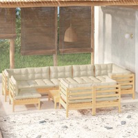  10 Piece Garden Lounge Set with Cream Cushions Solid Pinewood
