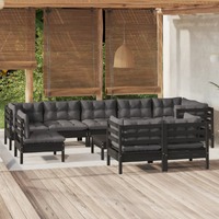  10 Piece Garden Lounge Set with Cushions Black Solid Pinewood