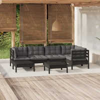  7 Piece Garden Lounge Set with Cushions Black Solid Pinewood