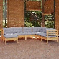  7 Piece Garden Lounge Set with Grey Cushions Solid Pinewood