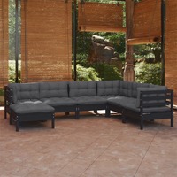  7 Piece Garden Lounge Set with Cushions Black Solid Pinewood
