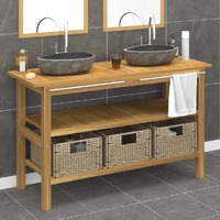 Bathroom Vanity Cabinet with River Stone Sinks Solid Wood Teak