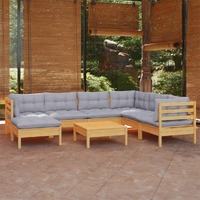  8 Piece Garden Lounge Set with Grey Cushions Solid Pinewood