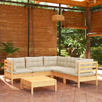  6 Piece Garden Lounge Set with Cream Cushions Solid Pinewood