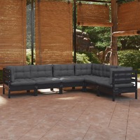  6 Piece Garden Lounge Set with Cushions Black Solid Pinewood