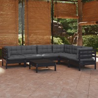  7 Piece Garden Lounge Set with Cushions Black Solid Pinewood