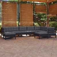  9 Piece Garden Lounge Set with Cushions Black Solid Pinewood