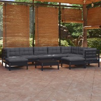  10 Piece Garden Lounge Set with Cushions Black Solid Pinewood