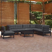  8 Piece Garden Lounge Set with Cushions Black Solid Pinewood