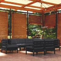  9 Piece Garden Lounge Set with Cushions Black Solid Pinewood