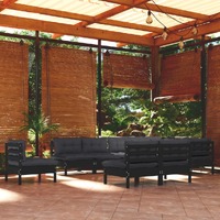  10 Piece Garden Lounge Set with Cushions Black Solid Pinewood