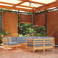  10 Piece Garden Lounge Set with Grey Cushions Solid Pinewood