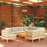  10 Piece Garden Lounge Set with Cream Cushions Solid Pinewood