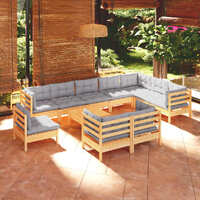  11 Piece Garden Lounge Set with Grey Cushions Solid Pinewood