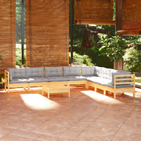  9 Piece Garden Lounge Set with Grey Cushions Solid Pinewood