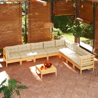  9 Piece Garden Lounge Set with Cream Cushions Solid Pinewood