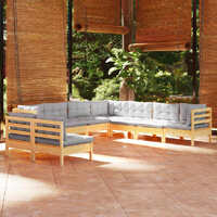  9 Piece Garden Lounge Set with Grey Cushions Solid Pinewood