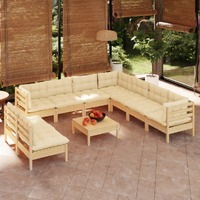  10 Piece Garden Lounge Set with Cream Cushions Solid Pinewood