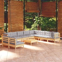  11 Piece Garden Lounge Set with Grey Cushions Solid Pinewood