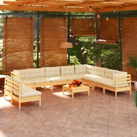  11 Piece Garden Lounge Set with Cream Cushions Solid Pinewood