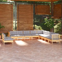  11 Piece Garden Lounge Set with Grey Cushions Solid Pinewood