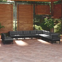  11 Piece Garden Lounge Set with Cushions Black Solid Pinewood