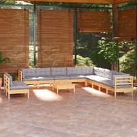  12 Piece Garden Lounge Set with Grey Cushions Solid Pinewood