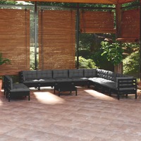  12 Piece Garden Lounge Set with Cushions Black Solid Pinewood