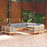  11 Piece Garden Lounge Set with Grey Cushions Solid Pinewood