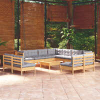  12 Piece Garden Lounge Set with Grey Cushions Solid Pinewood