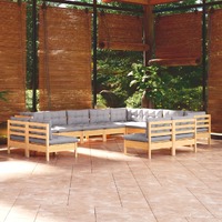  12 Piece Garden Lounge Set with Grey Cushions Solid Pinewood