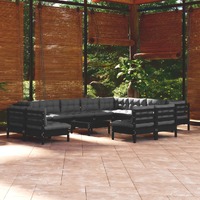  13 Piece Garden Lounge Set with Cushions Black Solid Pinewood