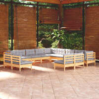  13 Piece Garden Lounge Set with Grey Cushions Solid Pinewood