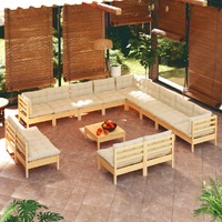  14 Piece Garden Lounge Set with Cream Cushions Solid Pinewood