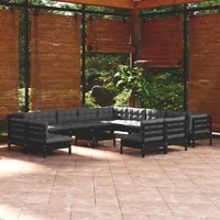  14 Piece Garden Lounge Set with Cushions Black Solid Pinewood